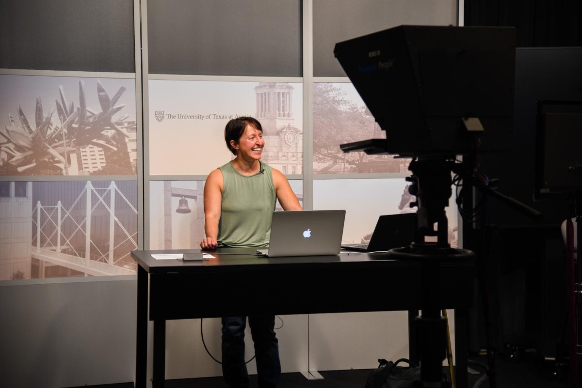 Professor Heather Leidy smiles as she starts the live broadcast of her nutrition course on Sept. 19, 2023.  