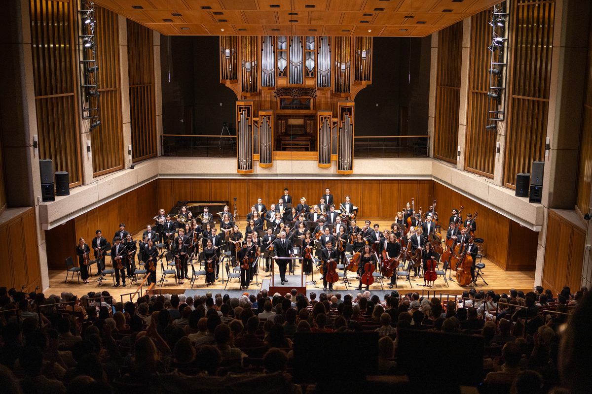 The+University+of+Texas+Symphony+Orchestra+with+guest+conductor+Douglas+Kinney+Frost+and+Soprano+Leah+Crocetto+perform+at+the+Bates+Recital+Hall+on+September+24th%2C+2023.+The+UTSO+performed+Clarice%E2%80%99s+Assad%E2%80%99s%2C+Bai%C3%A3o+%E2%80%98n+Blues+a+world+premiere+commissioned+by+KMFA+89.5.