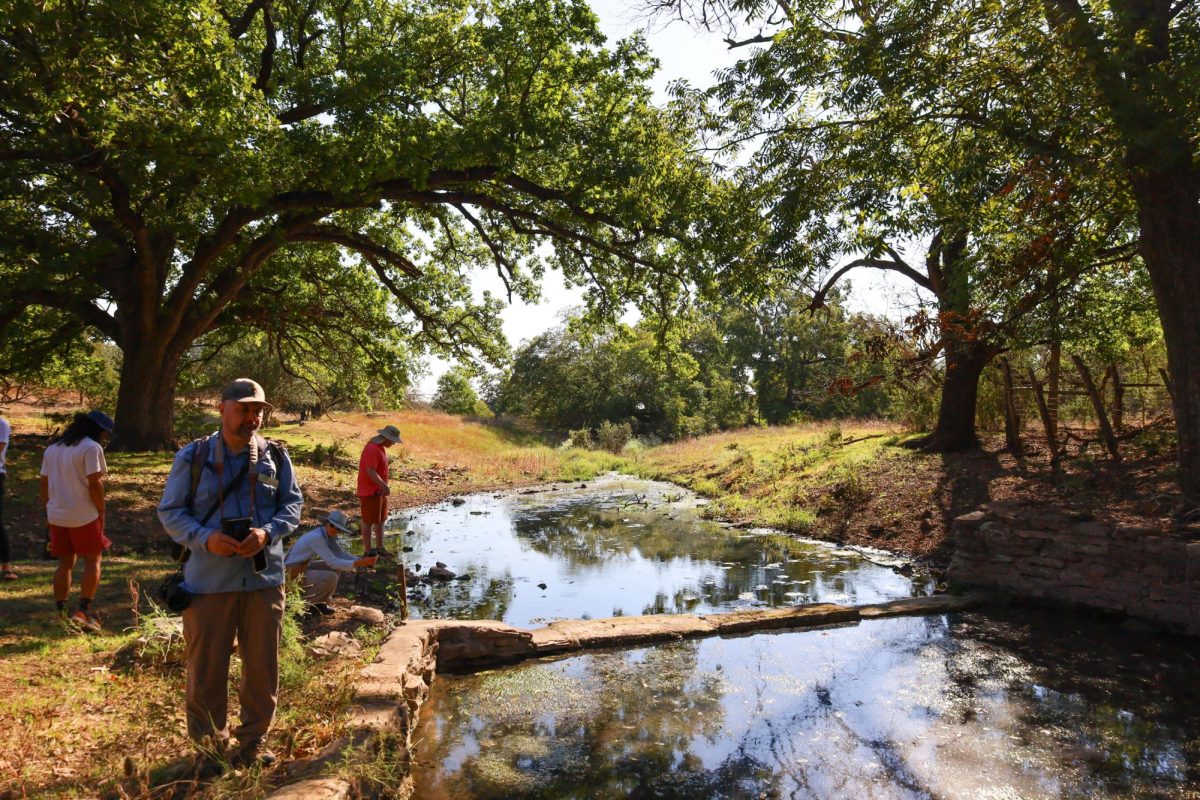 Attendees at the first public opening of Pecan Springs Karst Preserve observe wildlife in the spring on Sept. 23, 2023. The 1,200-acre preserve, which is home to a multitude of endangered species and aims to protect their habitats, opened to the public for National Public Lands Day.