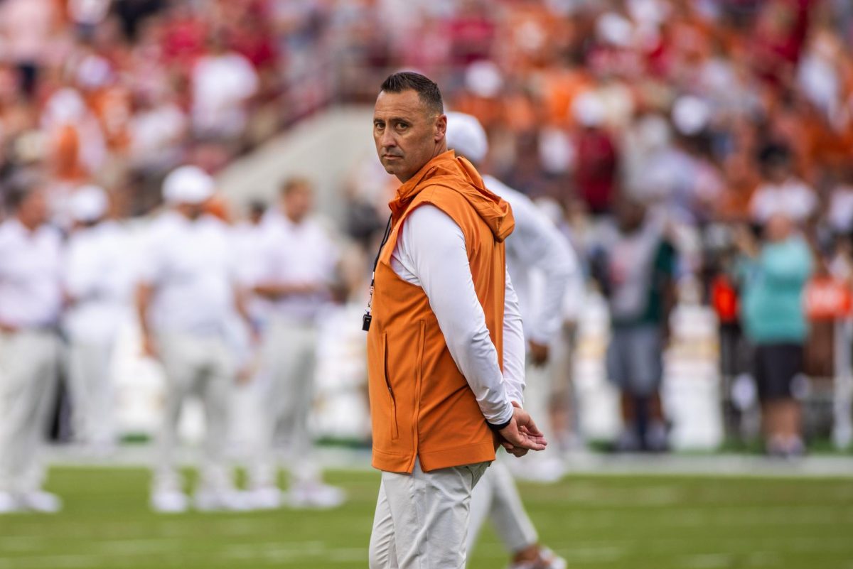 Texas+football+coach+Steve+Sarkisian+in+Bryant-Denny+Stadium+on+September+9%2C+2023.+Before+he+was+hired+as+Texas+coach%2C+he+served+as+Alabama+footballs+offensive+coordinator.+