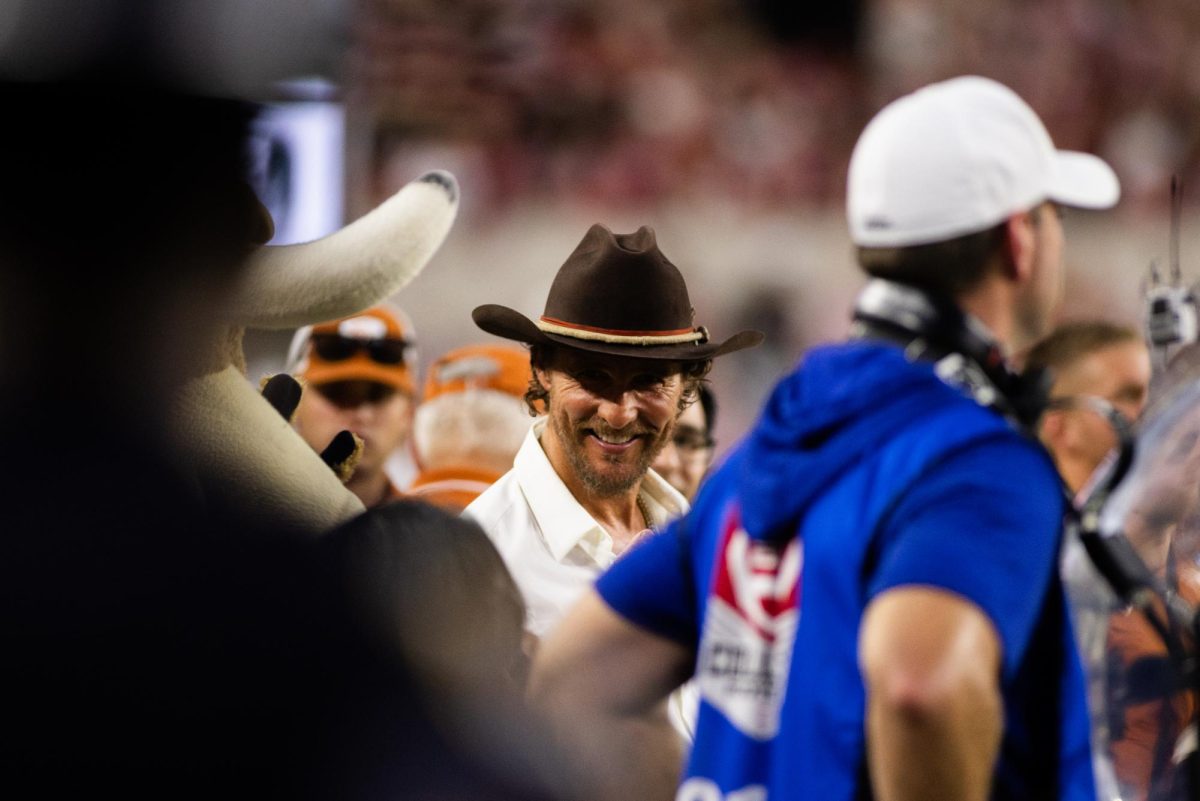 Matthew McConaughey on the sidelines during Texas football's game against Alabama on September 9, 2023. McConaughey serves as Minister of Culture at the University of Texas.