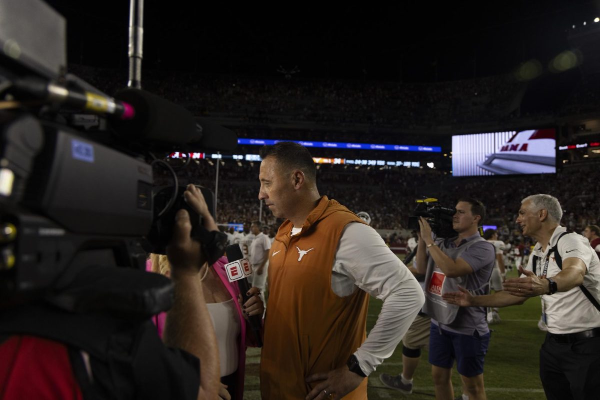 Texas football coach Steve Sarkisian speaks with ESPN after Texas' win against Alabama In Tuscaloosa on September 9, 2023.