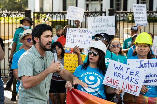 Congressman Greg Casar speaks to protesters at the Governors Mansion against the Death Star Bill on Sept. 7, 2023. The protest was organized by the Workers Defense Project who want to protect the mandated rest breaks for workers outlined in local Austin ordinance.