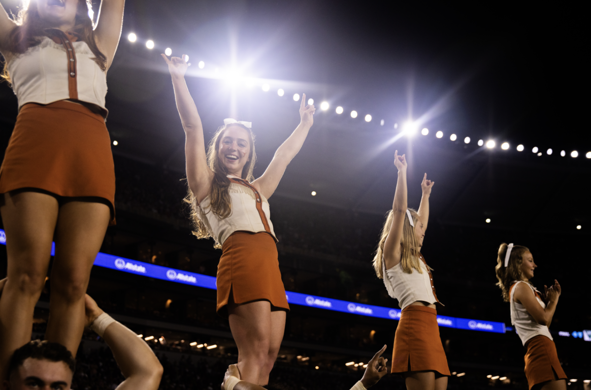 UT cheerleaders cheer at the Longhorns' game against the Crimson Tide in Tuscaloosa, Alabama on September 9, 2023.