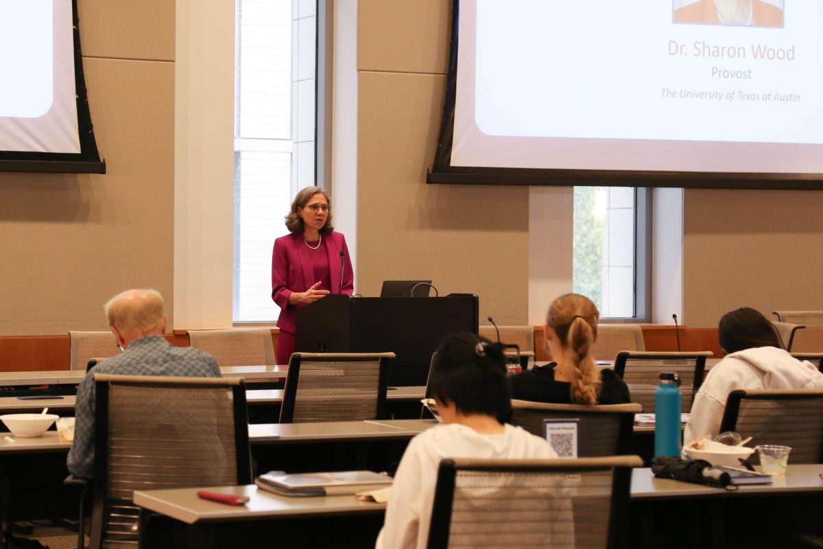 UT+Provost+Sharon+Wood+delivers+a+speech+at+the+2023+Mitchell+Sustainability+Symposium+on+Oct.+26%2C+2023.+The+Mitchell+Sustainability+Symposium+is+an+annual+event+that+promotes+student+engagement+and+campus+sustainability.%0A