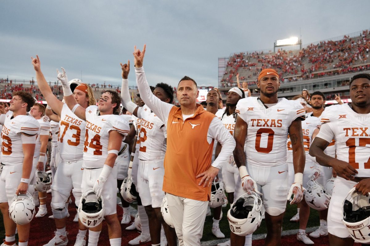 Texas Football coach Steve Sarkisian and players during The Eyes of Texas after a 31-24 win against Houston on Oct. 21, 2023.