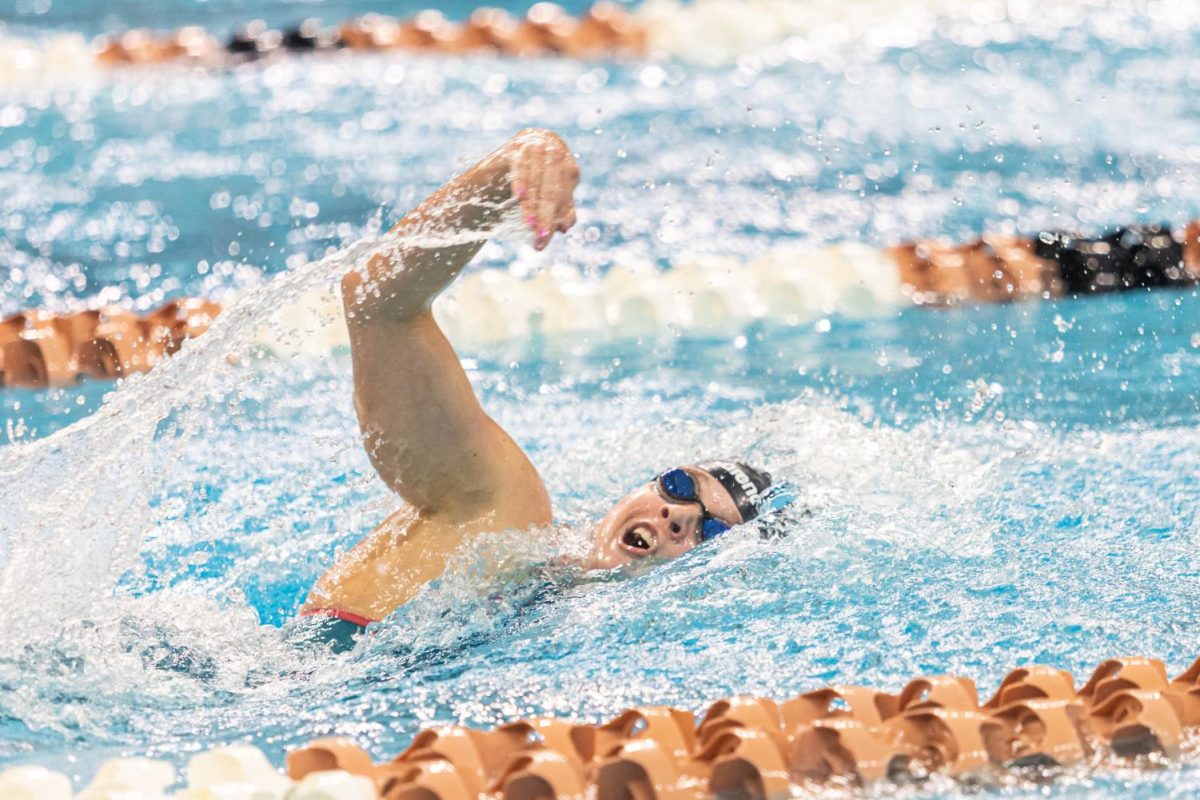 Swimmers compete in the Big 12 Swimming and Diving Championship at the Lee and Joe Jamail Texas Swimming Center on Feb. 25, 2022. The University of Texas was named Big 12 Champions for men’s and women’s events.
