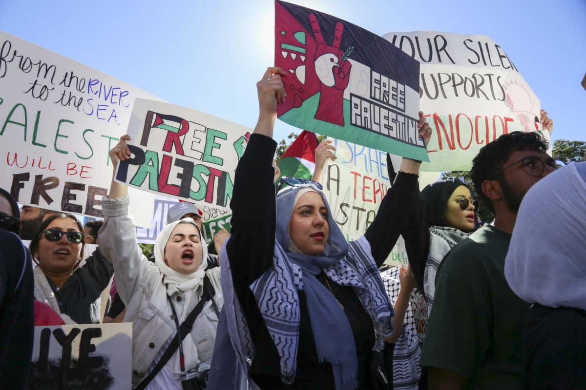 Protestors rally outside of the Texas Capitol to show support for Palestine on Oct. 15, 2023. The demonstration was organized by the Palestine Solidarity Committee, a UT student organization for Palestinian liberation and right of return.
