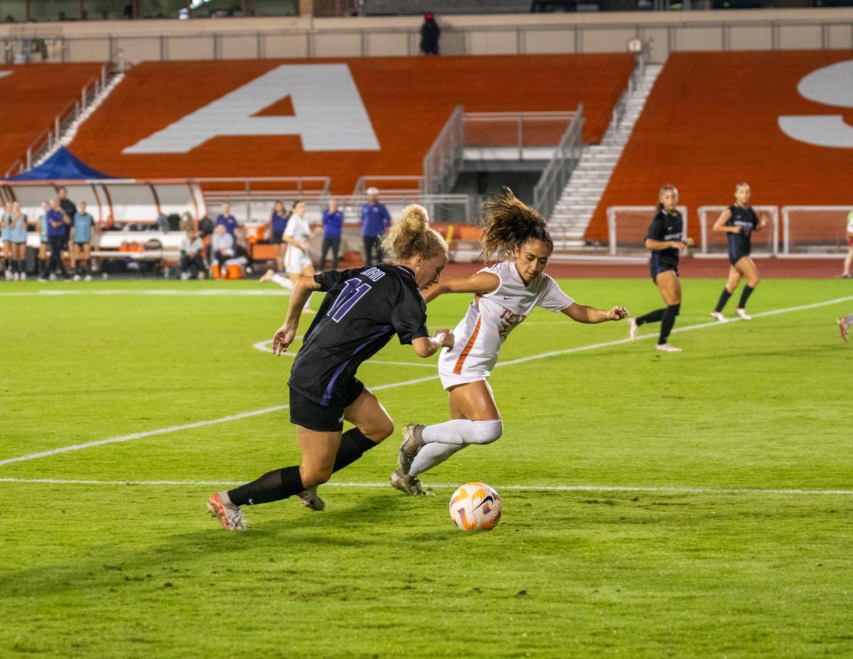 Senior defender Lauren Lapomarda makes a play to stop a TCU player from advancing on the field on October 21, 2023 at Mike Myers stadium and Soccer Field. 