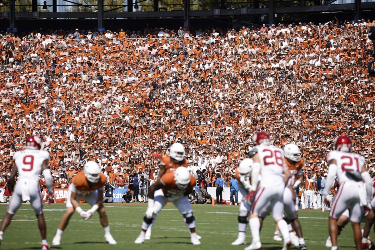 Texas fans watch as the team makes their way into the red zone against OU on Oct. 7th, 2023.