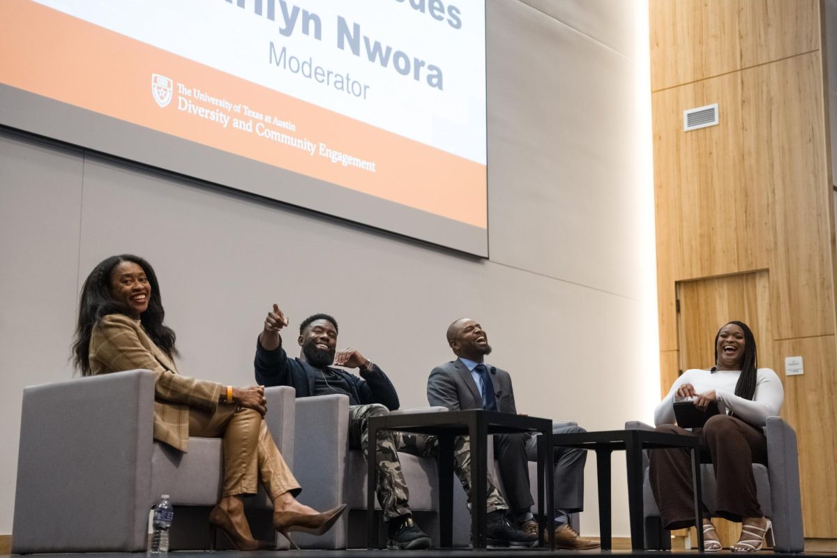 Alumni Cynthia Rhodes-Patterson, Trevante Rhodes, and Dr. Nathaniel Hughes with moderator Public Health Graduate student-athlete Marolyn Nwore speak at the 38th Annual Heman Sweatt Symposium on Civil Rights in Rowling Hall on Nov. 2, 2023. They spoke about their own student-athlete experiences at the University of Texas at Austin and in their own current professional fields.