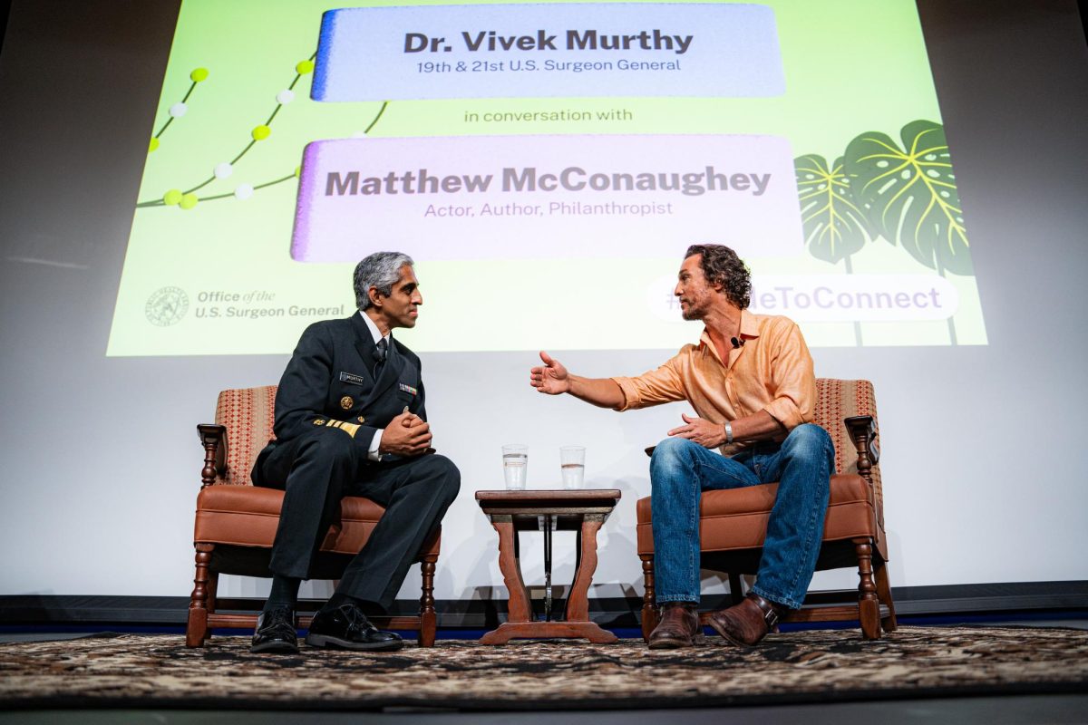 Dr. Vivek Murphy (left) and Matthew McConaughey (right) speak about college students’ mental health as a part of the U.S. Surgeon General’s College Tour on Nov. 8, 2023.