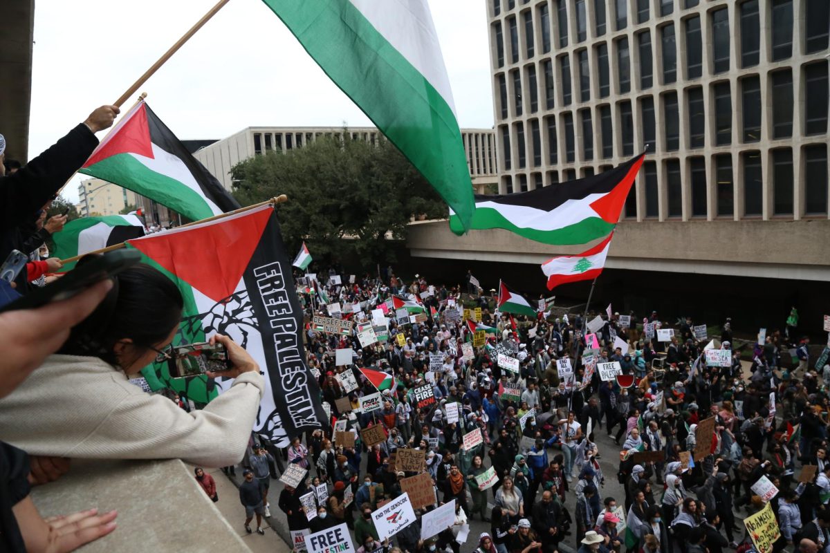 Thousands of Texans marched through downtown Austin in a pro-Palestine protest on Nov. 13, 2023. Many held Palestine flags or posters reading “Ceasefire Now,” “End the Genocide,” and “Free Palestine.” 