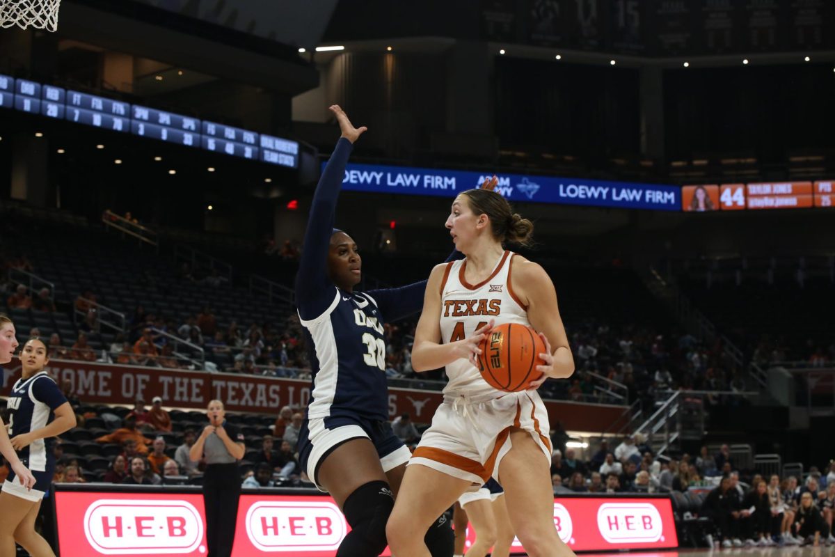 Senior forward Taylor Jones catches a pass during the game against Oral Roberts University on Nov. 29, 2023. Jones scored 27 points for the Longhorns during this game.