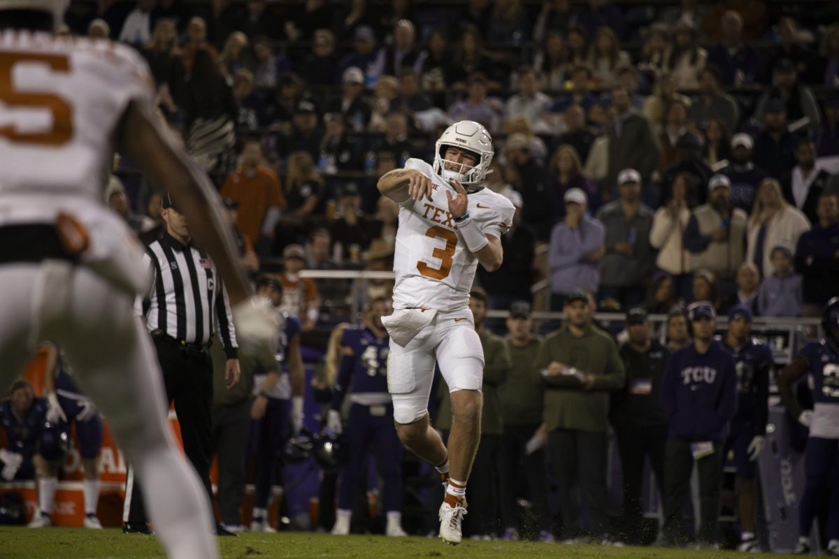 Texas quarterback Quinn Ewers during the Longhorns game against the TCU Horned Frogs on Nov. 11, 2023. The game was Ewers first back since getting injured during Texas game at Houston.