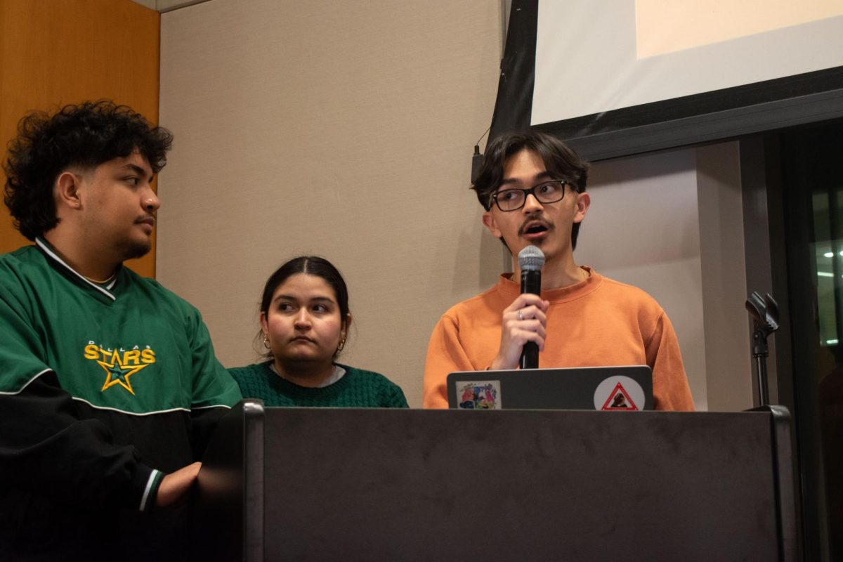 Referendum authors answer questions about proposed legislation to find a new use for the Multicultural Engagement Center office, which closed due to Senate Bill 17, on Feb. 13, 2024. From left to right, William Ramirez, AnaMarie Cordova and Christian Mira speak at the Student Government meeting.