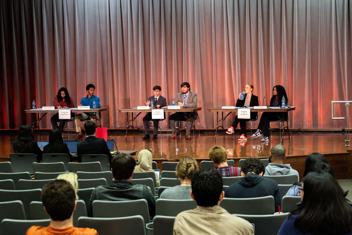 As the debating begins, student government canidates answer questions asked from the moderation team for the attending audience to hear at the 2024 Student Government Debate on Feb. 20.