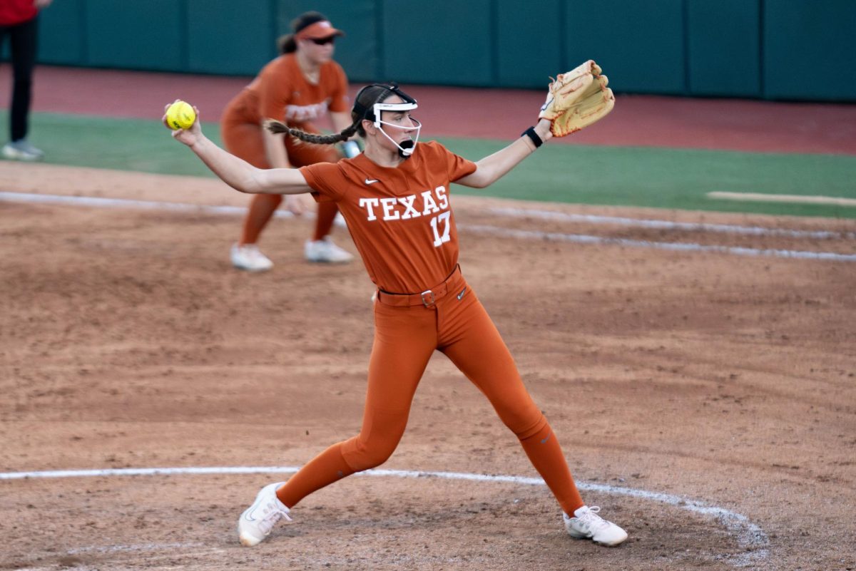 Right-handed pitcher Teagan Kaven pitches the ball to a batter during Texas game against the University of Louisiana on Feb. 23, 2024. The game was the Longhorns first in the Long Star State Invitational tournament this weekend. 