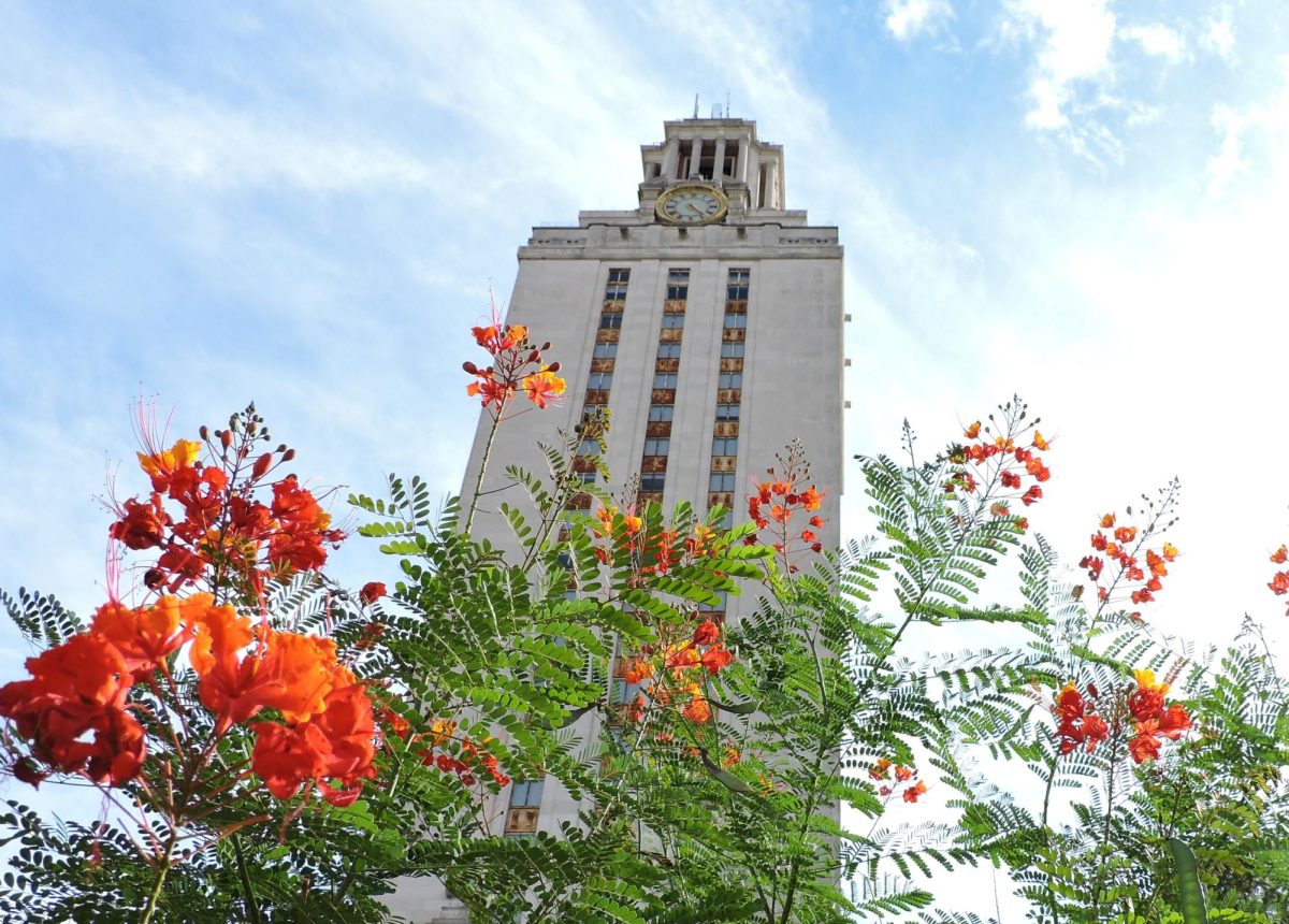 The UT Tower viewed from the Turtle Pond on October 6, 2023.