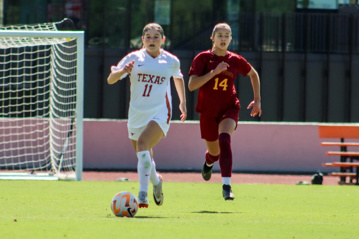 Junior midfielder Jilly Shimkin runs away from her opponent on Oct. 8, 2023. Shimkin played 64 minutes in this game against Iowa State University, which they won 2-1.