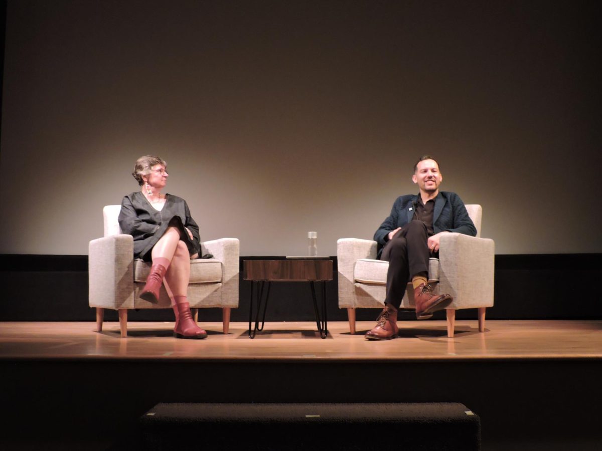 National Book Award-winning author Justin Torres and the UT Archibald A. Hill Regents Professor in American and English Literature Lisa L. Moore at the Harry Ransom Center Auditorium on Feb. 21, 2024.