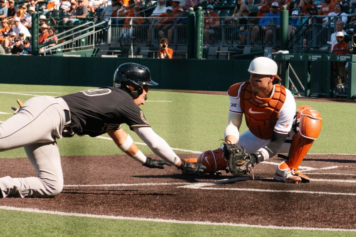 Rylan Galvan blocks a home run during Texas’ game against Cal Poly on Feb 25, 2024. Texas won 7-0 in the the third and final game of the series.