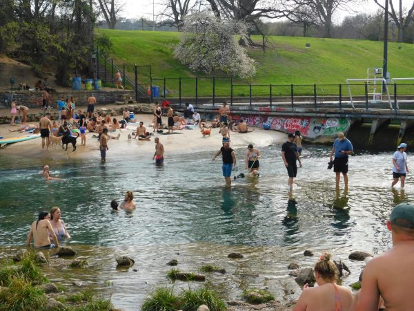 People swim in Barton Creek on Monday.