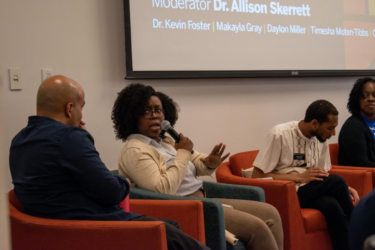 Makayla Gray, a teacher at Bertha Sadler Means Young Women’s Leadership Academy, speaks during the panel, Celebrating Black History Month: A Snapshot of Black Education in Austin. The event was put on by the College of Education and discussed efforts to improve equality in Austin education. 