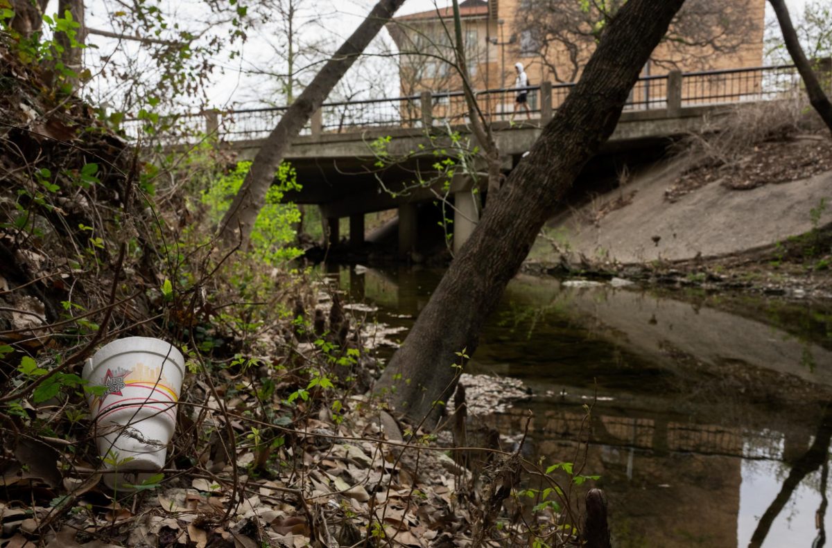A styrofoam cup litters the bank of Waller Creek on Wednesday, Feb. 28, 2024.