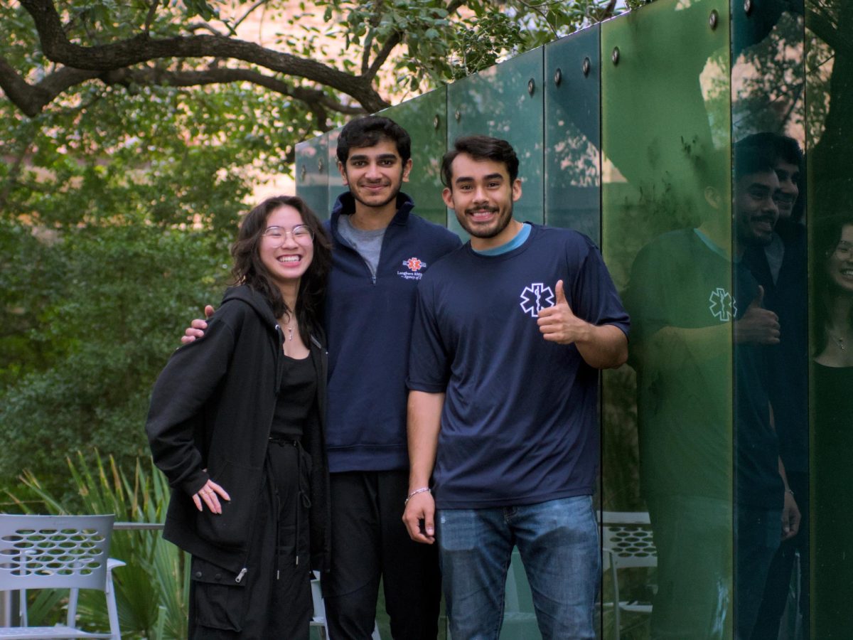 Longhorn EMS officers (left to right) Sharon Rong, Arvind Subramanian, Brandon Galvan on Feb. 8, 2024.