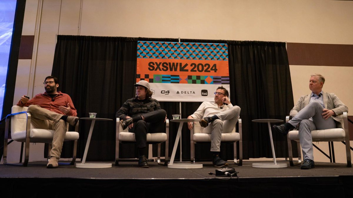 Panelists Ryan Douglas (left), Ryan Hartsell, Vince Kadlubek and Sam Browd speak at a panel at SXSW on Monday, March 11, 2024. The panelists discussed the positive impact gaming can have on mental health. 