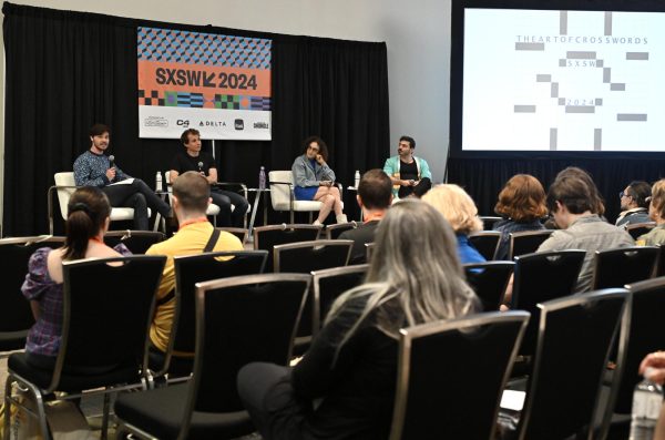 (From left to right) Robbie Kubala, Ph.D., Assistant Professor of Philosophy at the University of Texas at Austin, introduces the panelists Kyle Mahowald, Ph.D., Adrienne Raphel, Ph.D. and Natan Last for The Art of Crossword Puzzles session at SXSW on Thursday.