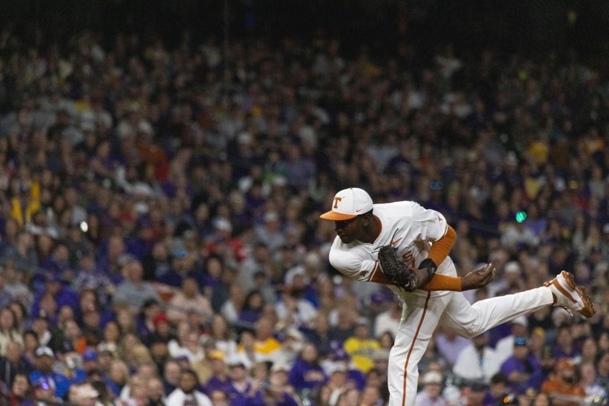 Pitcher+Lebarron+Johnson+Jr.+pitches+during+Texas+game+against+LSU+on+March+1%2C+2024.+The+Longhorns+lost+to+the+Tigers+6-3.