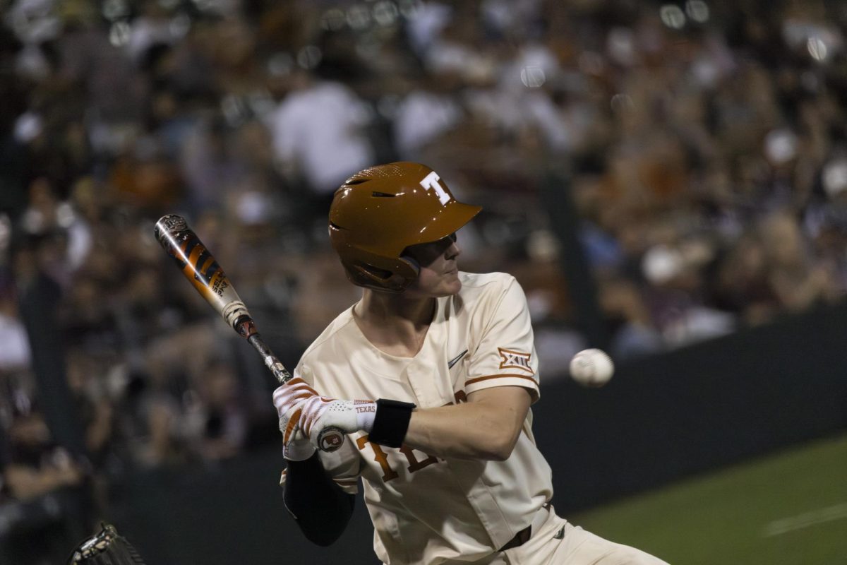 Catcher Kimble Schuessler at bat during Texas game against A&M on March 5, 2024. The Longhorns fell to the Aggies 9-2.