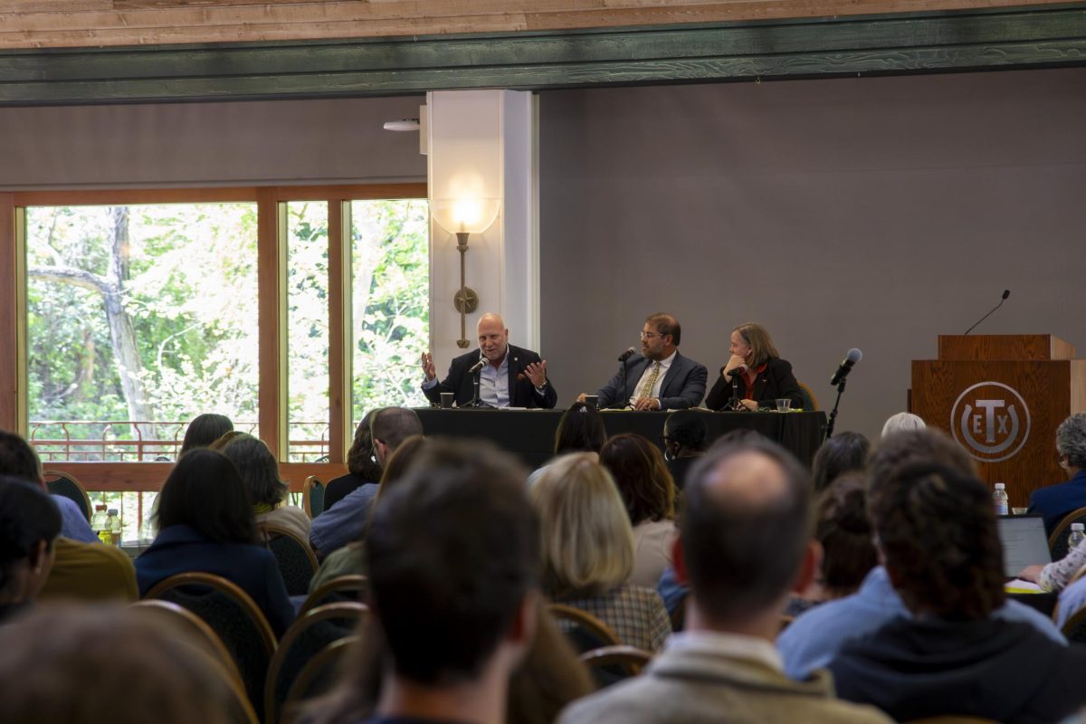 From left to right University of Austin President Pano Kanelos, moderator Jeremi Suri and Ann Huff Stevens, dean of UTs College of Liberal Arts speak at a Civil Discord Symposium event on the state of the traditional university on March 22, 2024.