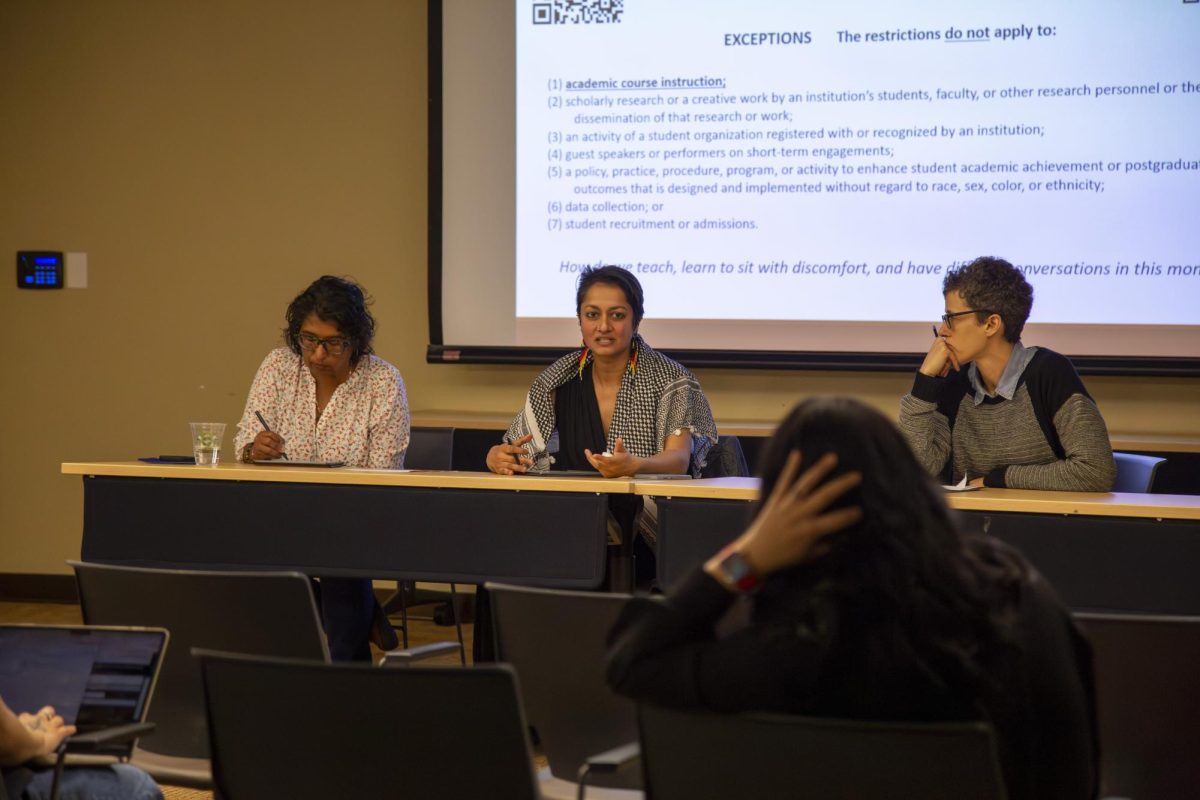 From left to right Annette Rodriguez, assistant professor of history; Pavithra Vasudevan, assistant professor of womens & gender studies and African & African diaspora studies; and Lauren Gutterman, associate professor of American studies speak at a panel about pedagogy at Contested Discourse on March 22, 2024.