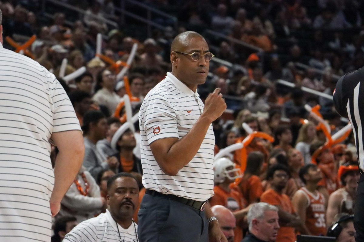 Head+coach+Rodney+Terry+watches+his+team+as+they+play+against+Delaware+State+on+Nov.+10%2C+2023.+The+Longhorns+won+the+game+86-59.