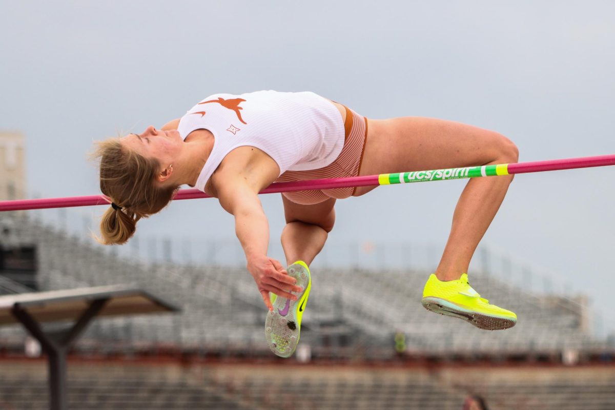 Senior Kristine Blazevica jumps over the bar on the first day of the 96th annual Clyde Littlefield Texas Relays on March 27, 2024. Blazevica scored 759 points in the high jump portion of the Heptathalon.