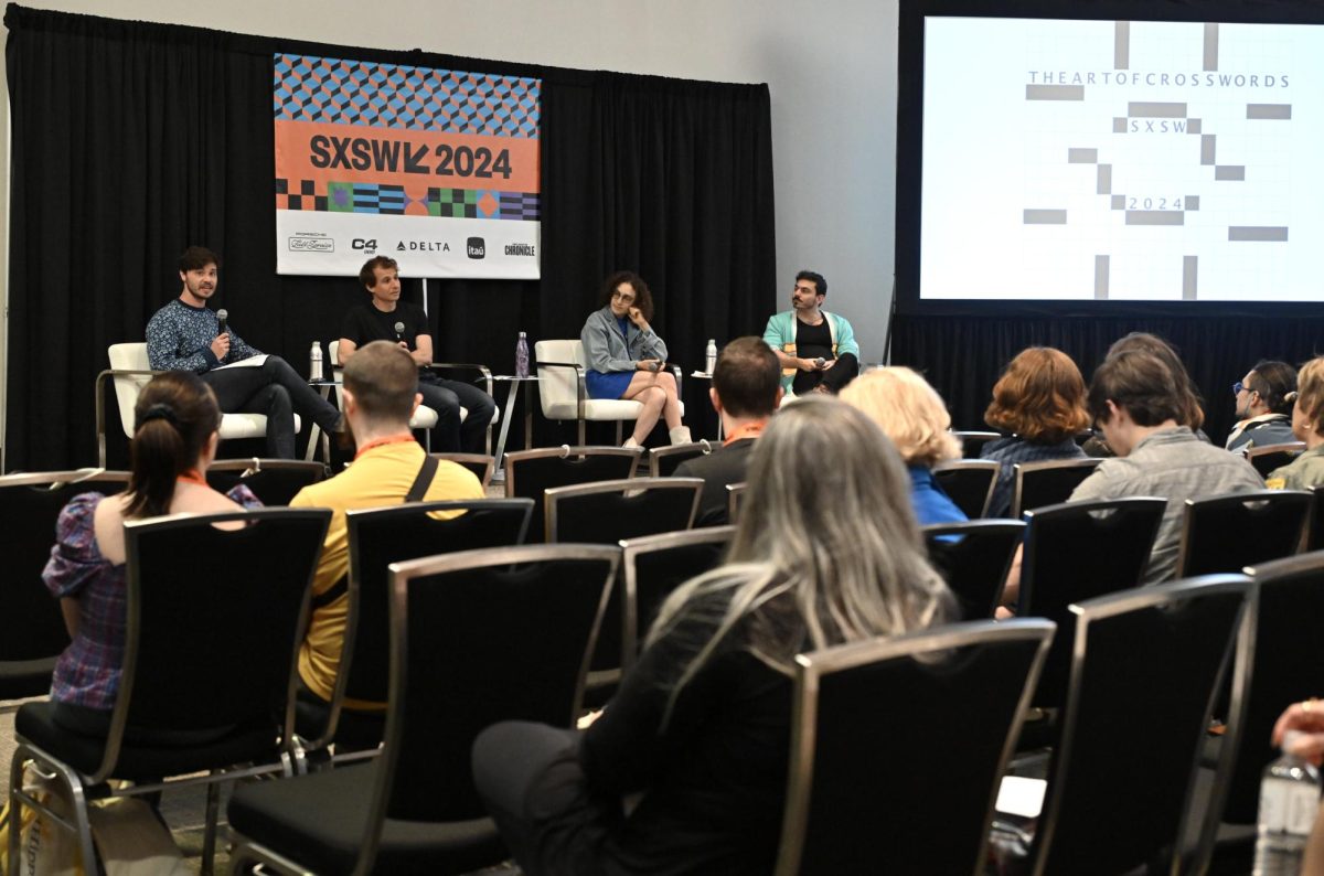 (From left to right) Dr. Robbie Kubala, Ph.D., Assistant Professor of Philosophy at the University of Texas at Austin, introduces the panelists Dr. Kyle Mahowald, Ph.D., Dr. Adrienne Raphel, Ph.D. and Natan Last for The Art of Crossword Puzzles session at SXSW on March 14, 2024.