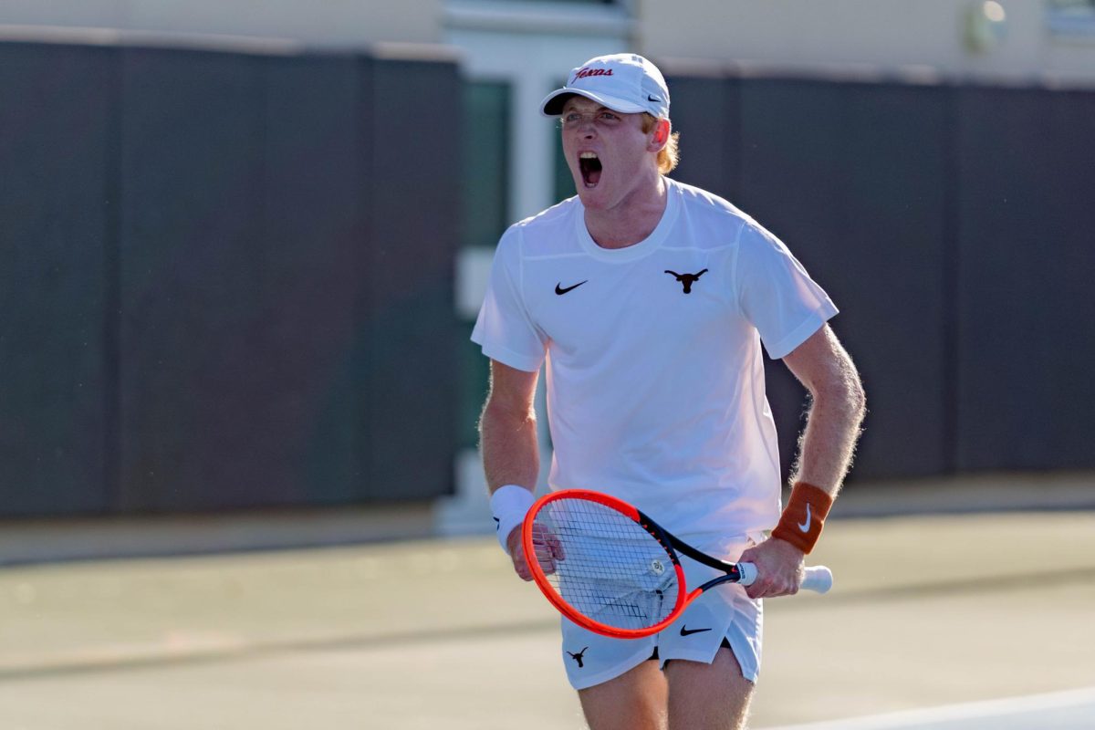 Senior Micah Braswell celebrates after winning the set point against senior Tadeas Paroulek from Baylor University on April 13, 2024. Braswell won the match 2-0.