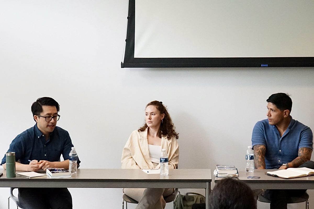 From left, Assistant Professors of Sociology Tony Cheng of Duke University, Samantha Simon of the University of Arizona, and Michael Sierra-Arévalo of the University of Texas at Austin spoke at a policing discussion panel held at UTs William C. Powers, Jr. Student Activity Center on April 15, 2024.