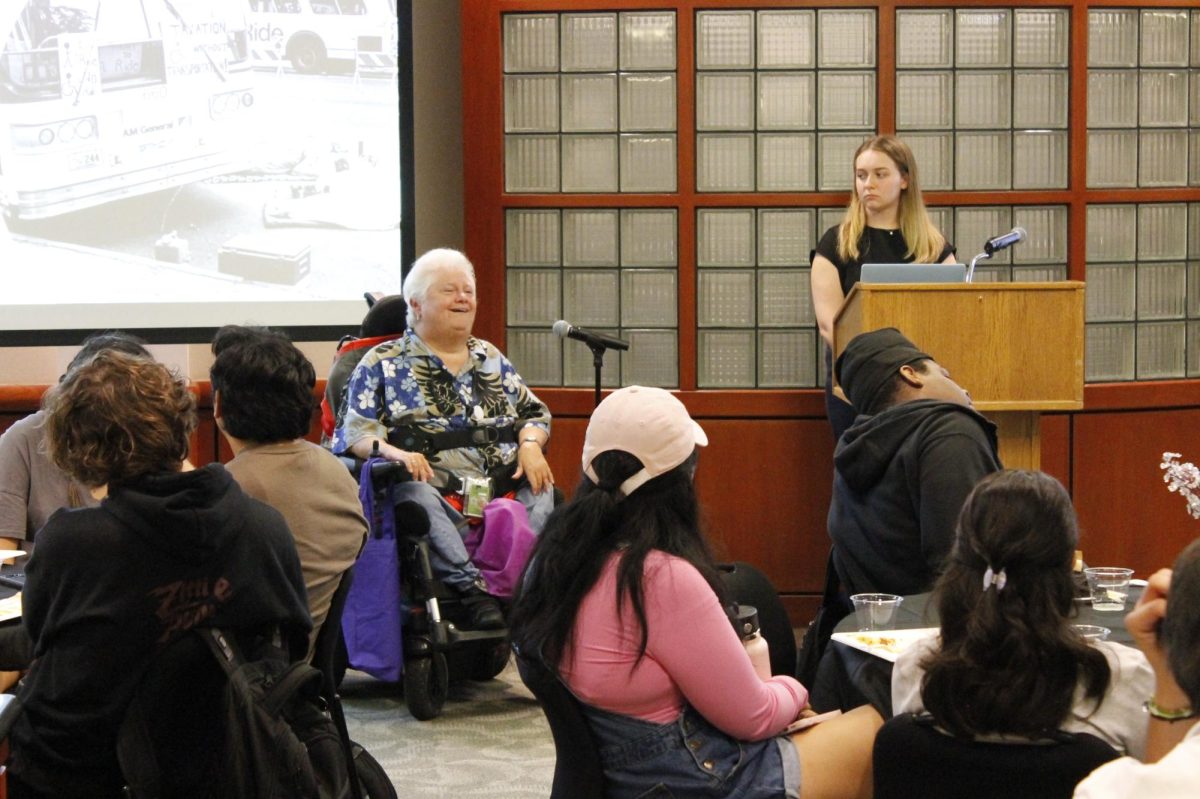 Disability+rights+advocate+Nancy+Crowther+speaks+about+the+history+of+disability+rights+in+the+United+States+and+Texas+on+Tuesday.+A+UT+alumni%2C+Crowther+fought+for+equal+access+on+campus+and+helped+Capital+Metro+create+one+of+the+first+accessible+bus+fleets.++