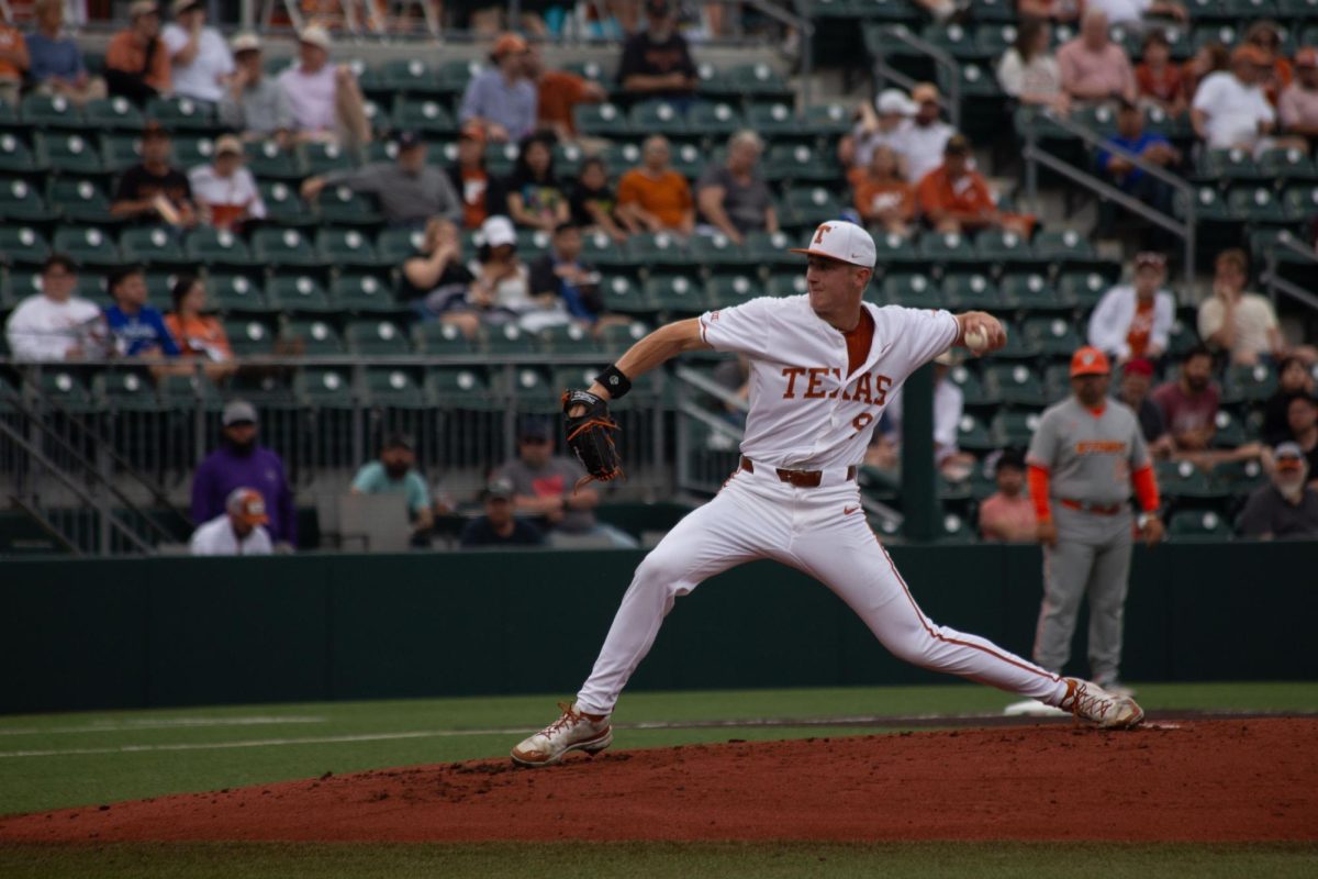 Sophomore first baseman Jared Thomas pitches at a game against UTRGV on April 16, 2024. This is the first time he has pitched in his career as a Longhorn.