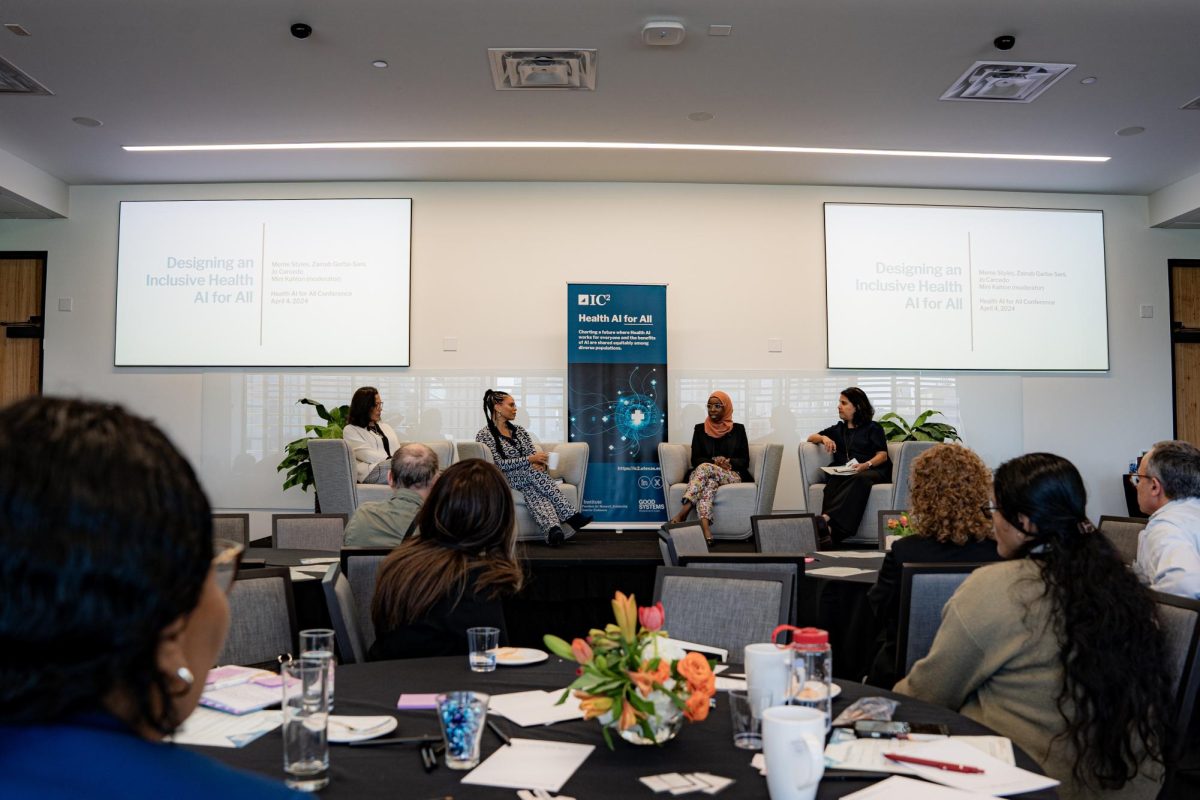 Jo Carcedo, Meme Styles, Zainab Garba-Sani, Mini Kahlon (left to right) discuss the implications of designing a health AI inclusive of all communities at the IC2 Institute’s, Health AI for All conference on April 4, 2024.