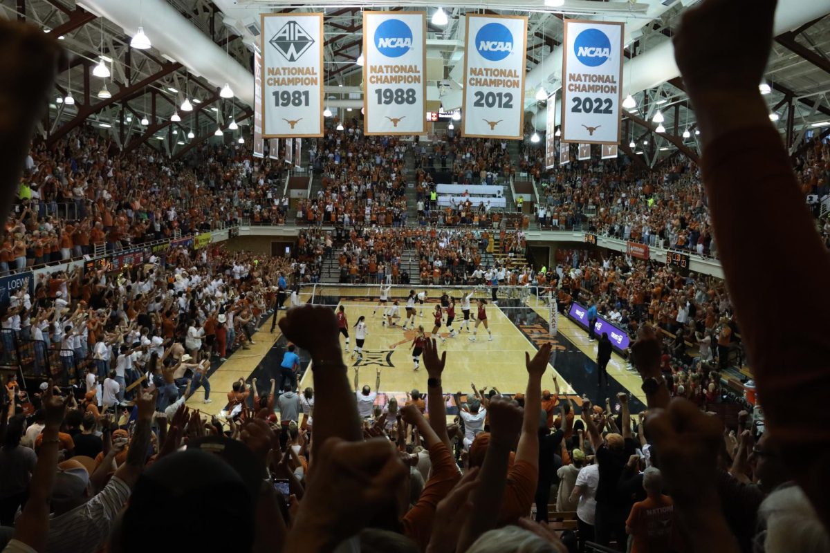 The+crowd+cheers+at+the+Texas+volleyball+game+against+Washington+State+on+Sept.+15%2C+2023.+