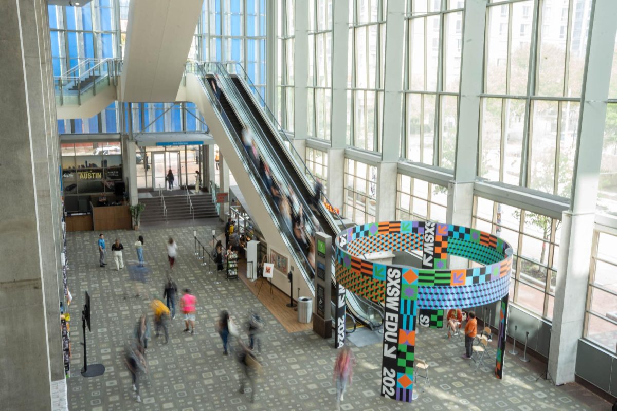 People in the lobby of the Austin Convention Center during South by Southwest on March 15, 2024. March 15 was the final day of conferences for the festival.