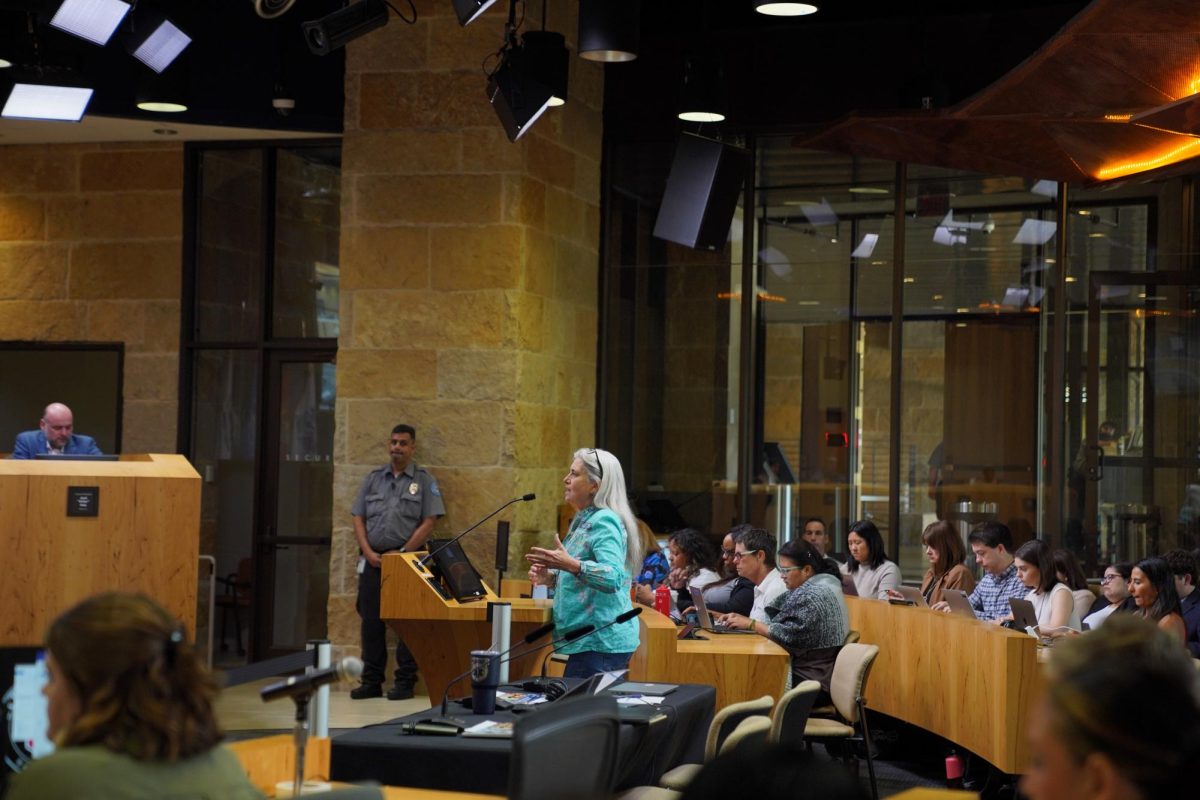 A civilian speaks up in support of funding for Austin City Parks during the City Council’s budget presentation by City Manager T.C. Broadnax on Friday.
