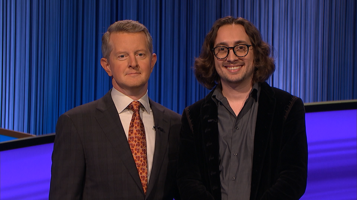 Davey Morrison, right, on Jeopardy! with host Ken Jennings, left.