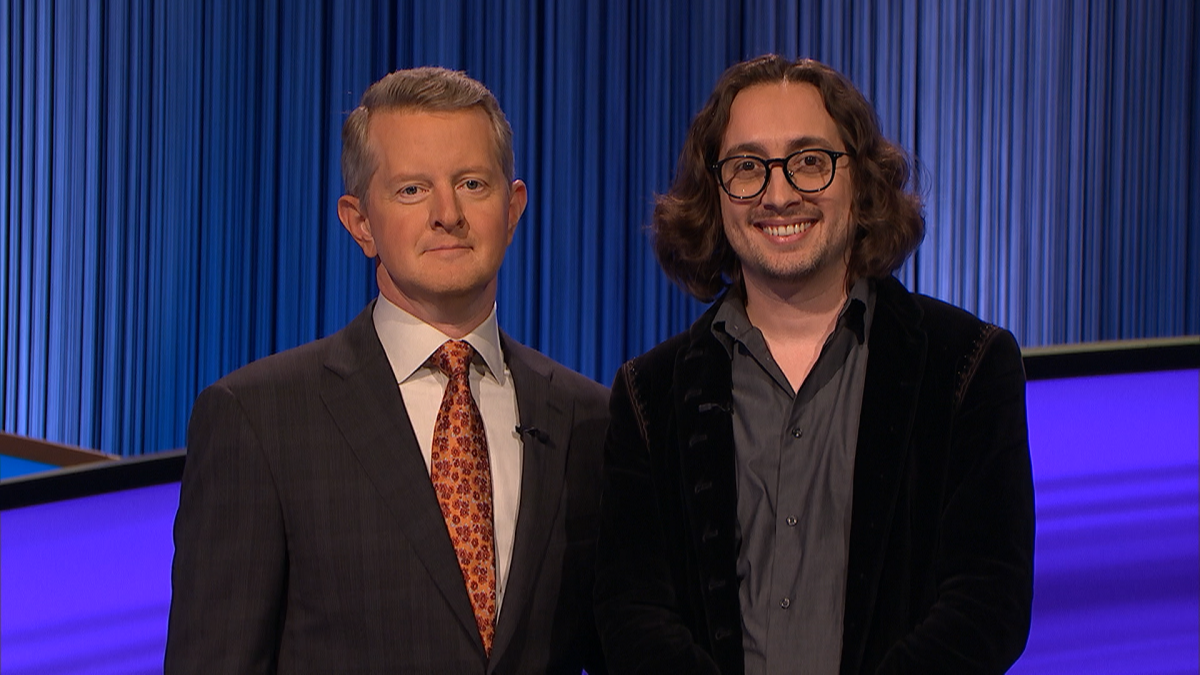 Davey Morrison, right, on "Jeopardy!" with host Ken Jennings, left.