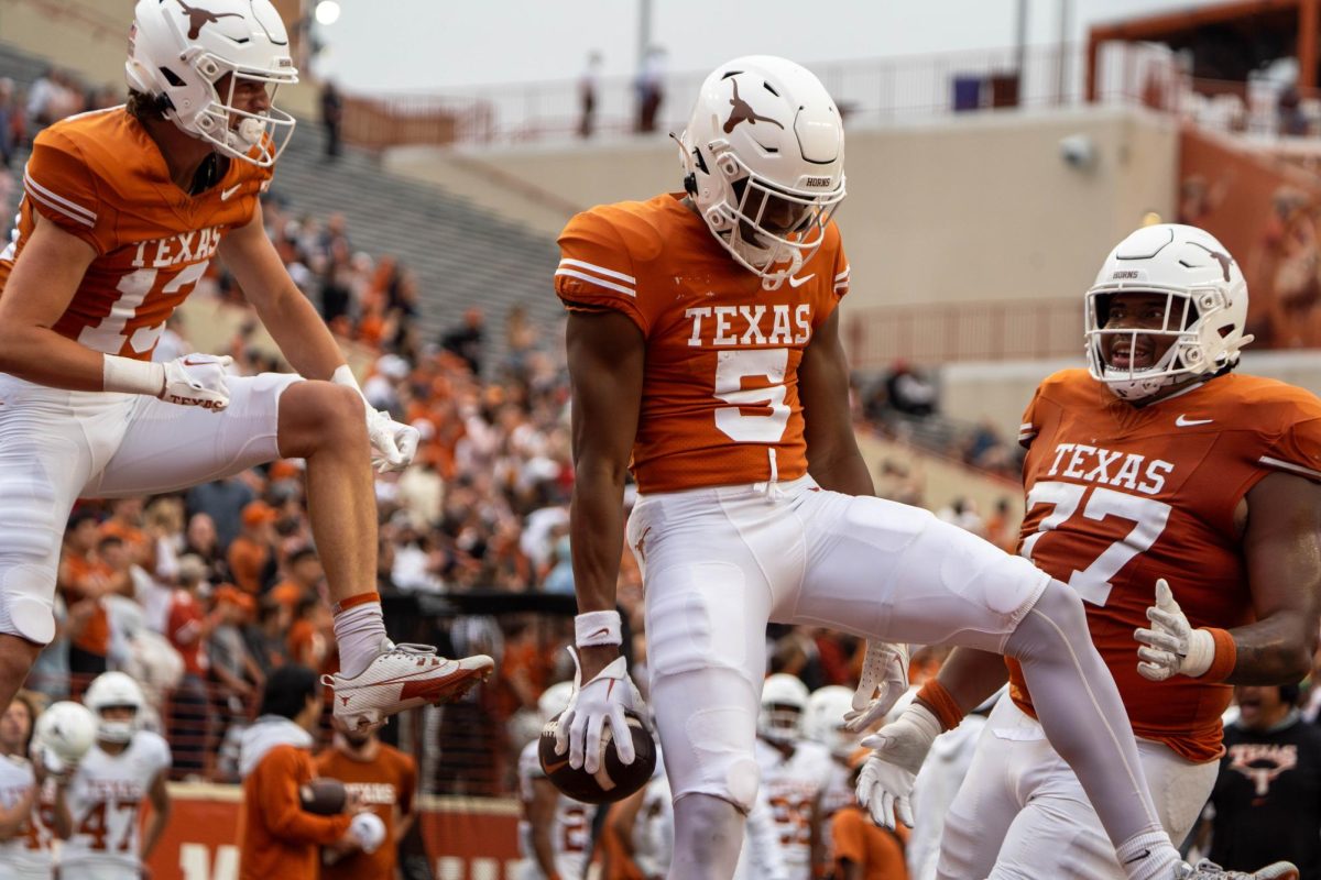 Freshman wide receiver Ryan Wingo celebrates after scoring a touchdown during Texas' annual spring game on April 20, 2024. 